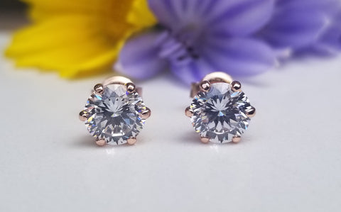1 ct Round 4-Prongs Solitaire Stud Earrings, Rose Gold Vermeil