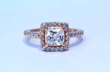 1.10 ct Princess Cut Halo Ring with Side Stones, Rose Gold Vermeil
