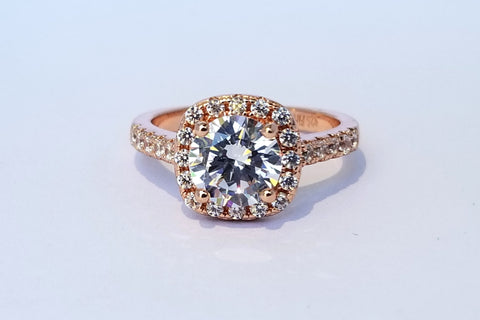 1.61 ct Square Halo Ring with Side Stones, Rose Gold Vermeil